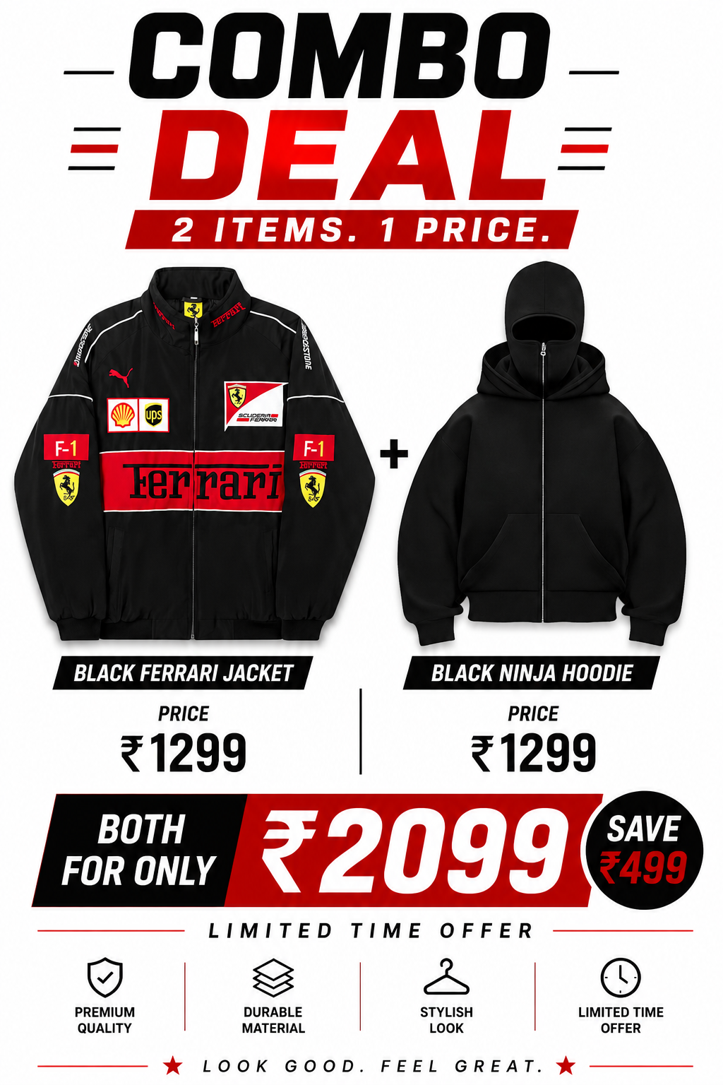 Urban Black Combo Pack – Ferrari Racing Jacket with Ninja Hoodie
