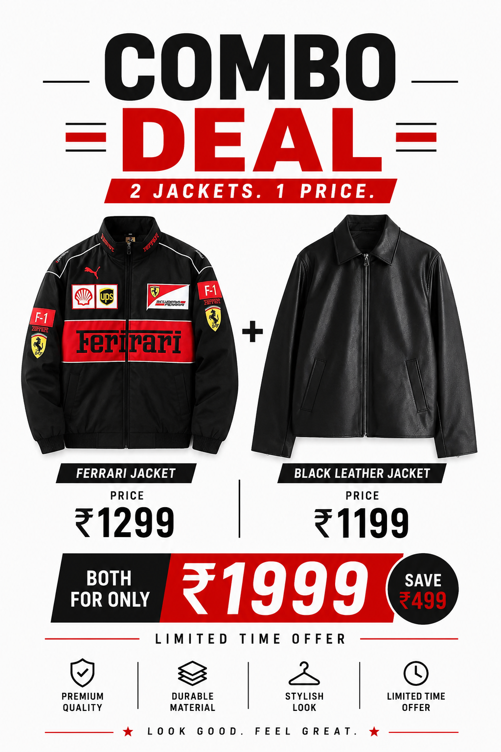 Premium Streetwear Duo Pack – Ferrari Racing Jacket & Black Leather Jacket