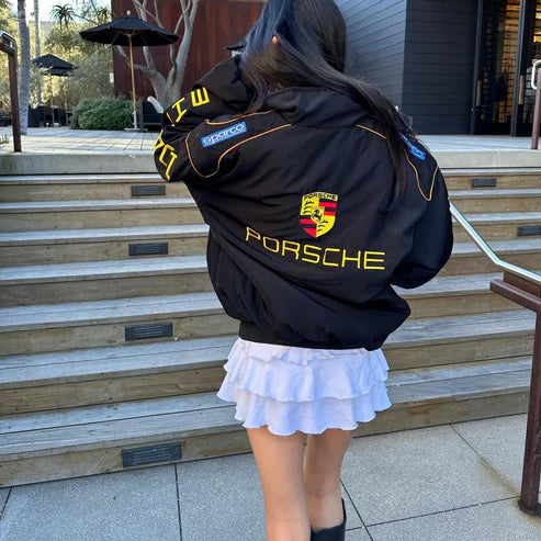 Porsche Black Racing Jacket – Yellow Logo Motorsport Edition