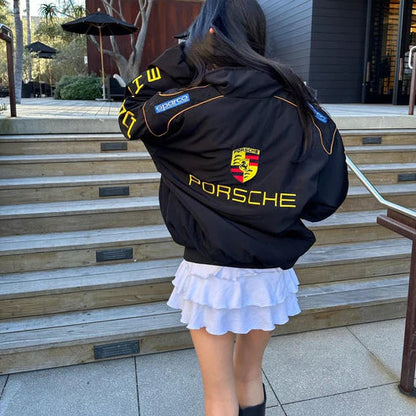 Porsche Black Racing Jacket – Yellow Logo Motorsport Edition