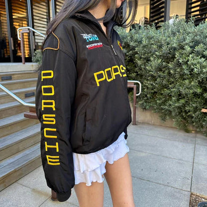 Porsche Black Racing Jacket – Yellow Logo Motorsport Edition