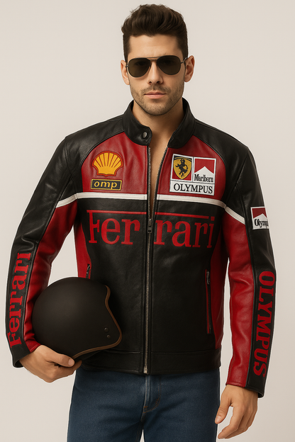 Ferrari Black & Red Racing Leather Jacket – Scuderia Motorsport Edition