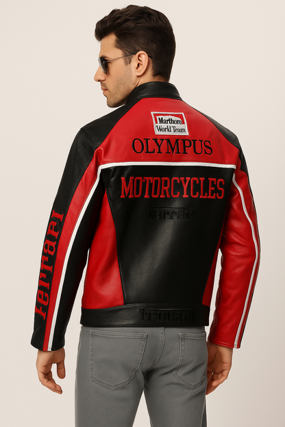 Ferrari Black & Red Racing Leather Jacket – Scuderia Motorsport Edition