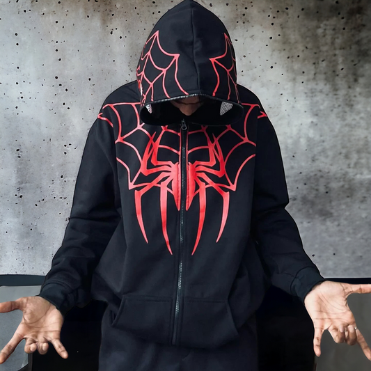 Miles Morales Spider-Verse Full Mask Hoodie – Red Web Edition