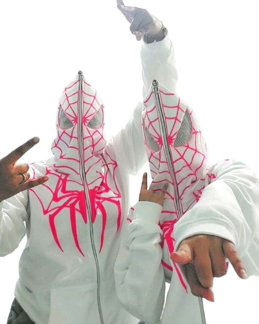 Spider-Man Couple Hoodie – Full Zip Mask Design | White & Pink Web Edition