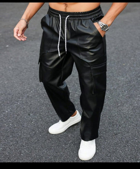 Men’s Black Faux Leather Cargo Joggers