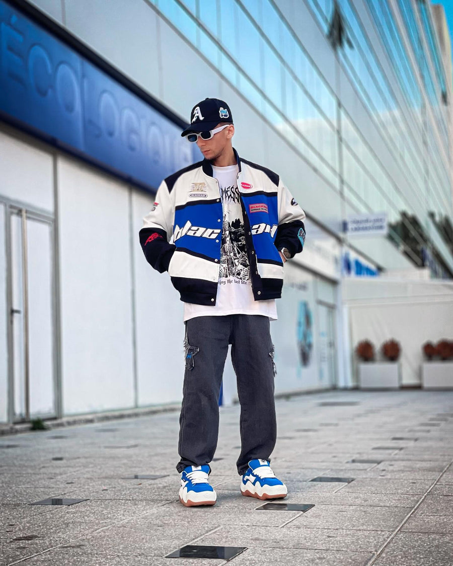 Racing Style Streetwear Jacket – Blue & White “Blackair” Edition