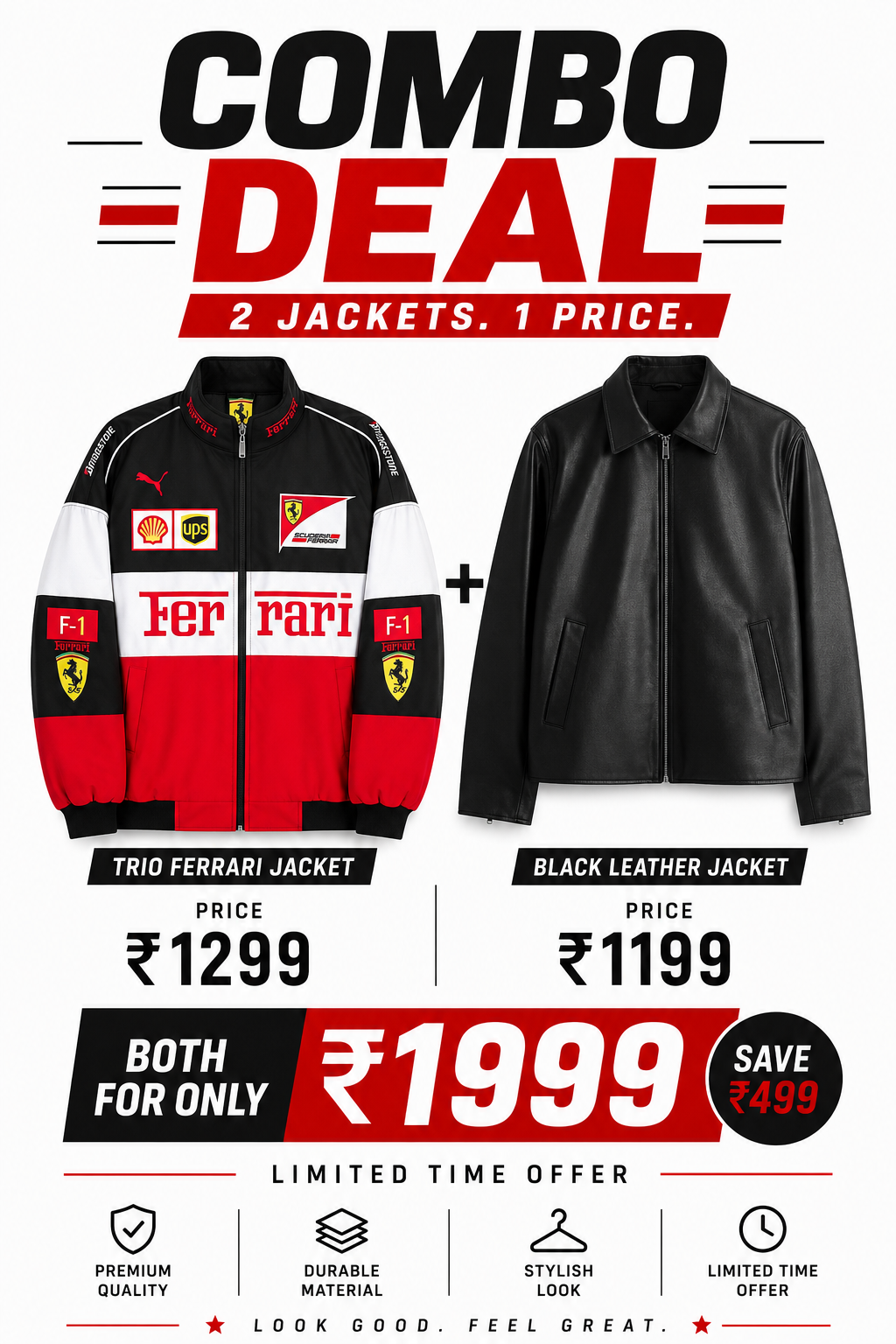 Premium Streetwear Duo Pack – Trio Ferrari Jacket & Black Leather Jacket