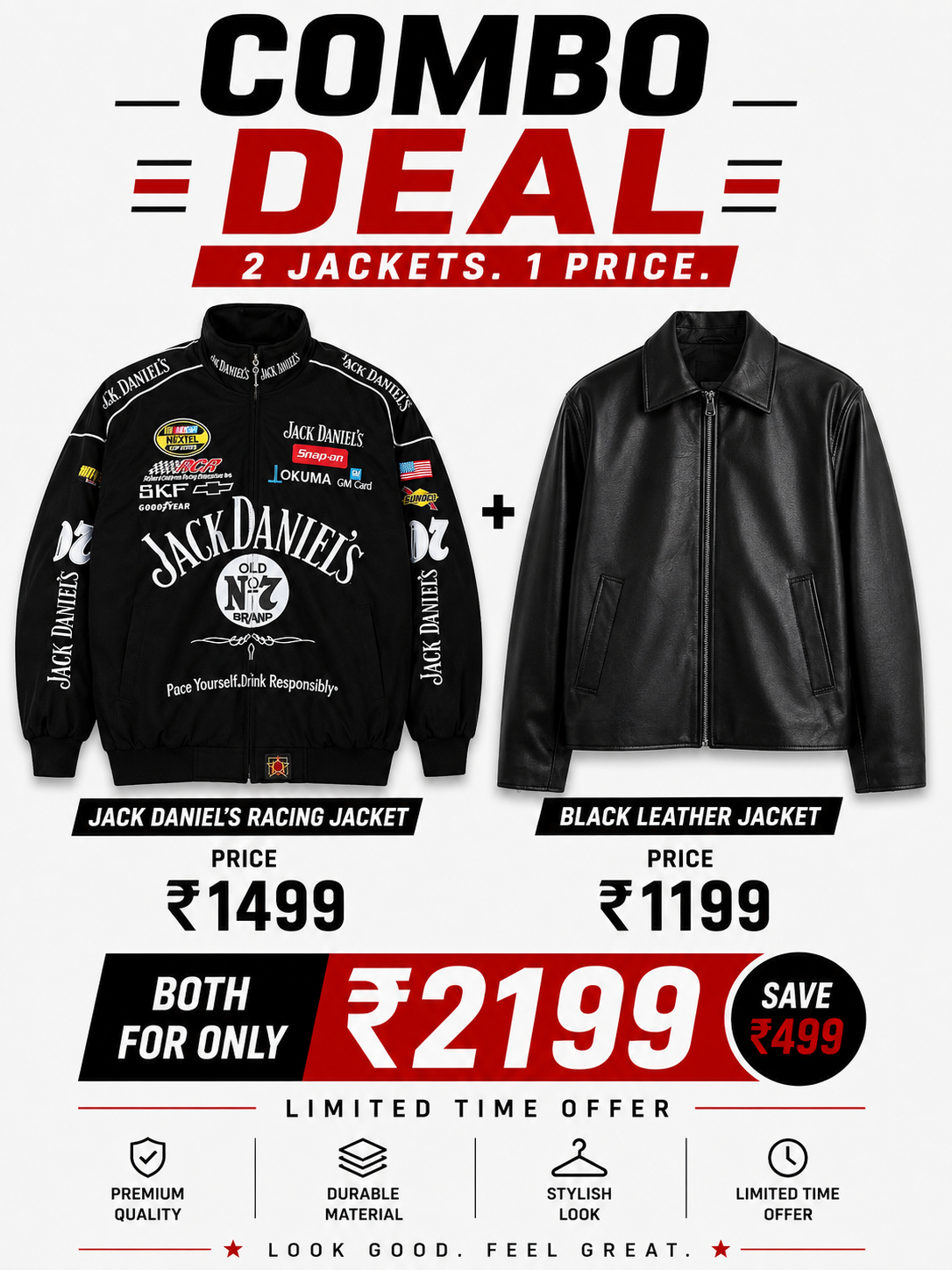 Premium Racing Duo Pack – Jack Daniel's Racing Jacket & Black Leather Jacket
