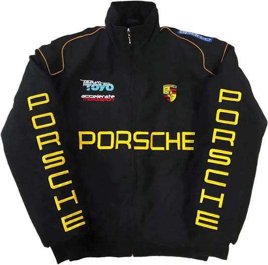 Porsche Black Racing Jacket – Yellow Logo Motorsport Edition
