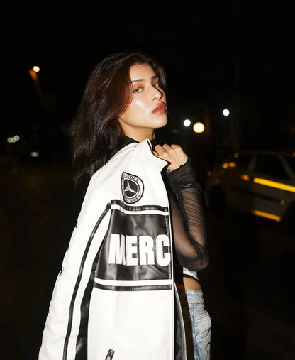 Mercedes White Racing Leather Jacket – Classic F1 Motorsport Edition