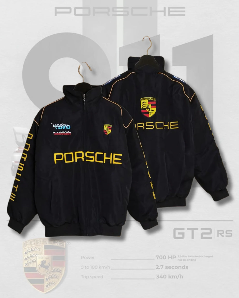 Porsche Black Racing Jacket – Yellow Logo Motorsport Edition