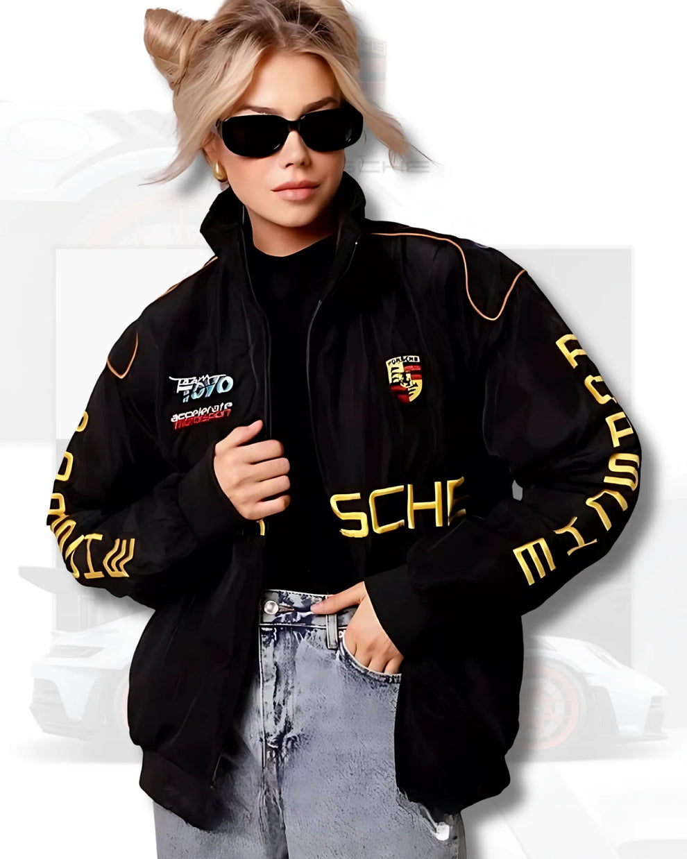 Porsche Black Racing Jacket – Yellow Logo Motorsport Edition