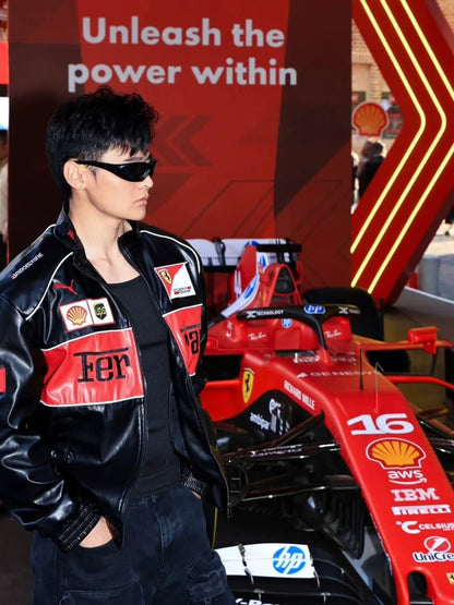 Ferrari F1 Racing Black & Red Leather Jacket – Scuderia Motorsport Edition