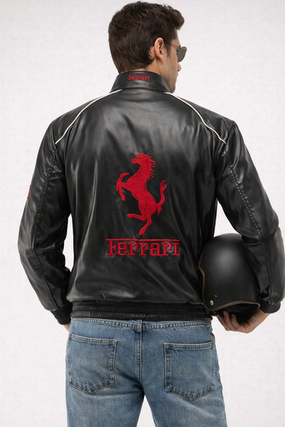 Vintage Ferrari Scuderia F1 Black Leather Jacket – Full Zip