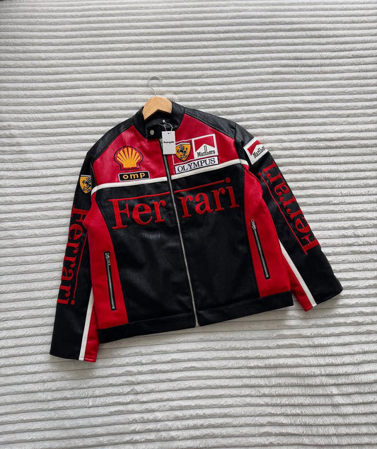Ferrari Inferno Black Leather Jacket – Vintage Scuderia Racing Edition
