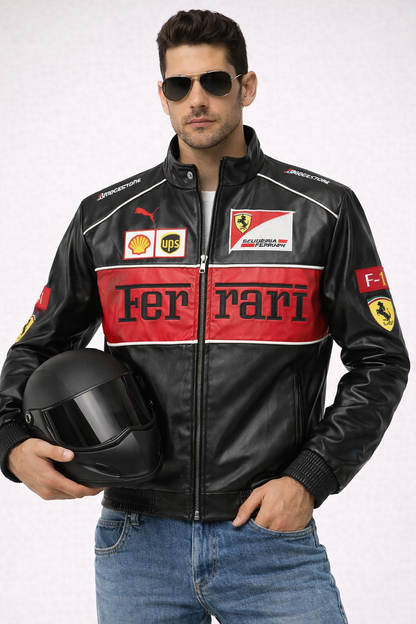 Vintage Ferrari Scuderia F1 Black Leather Jacket – Full Zip